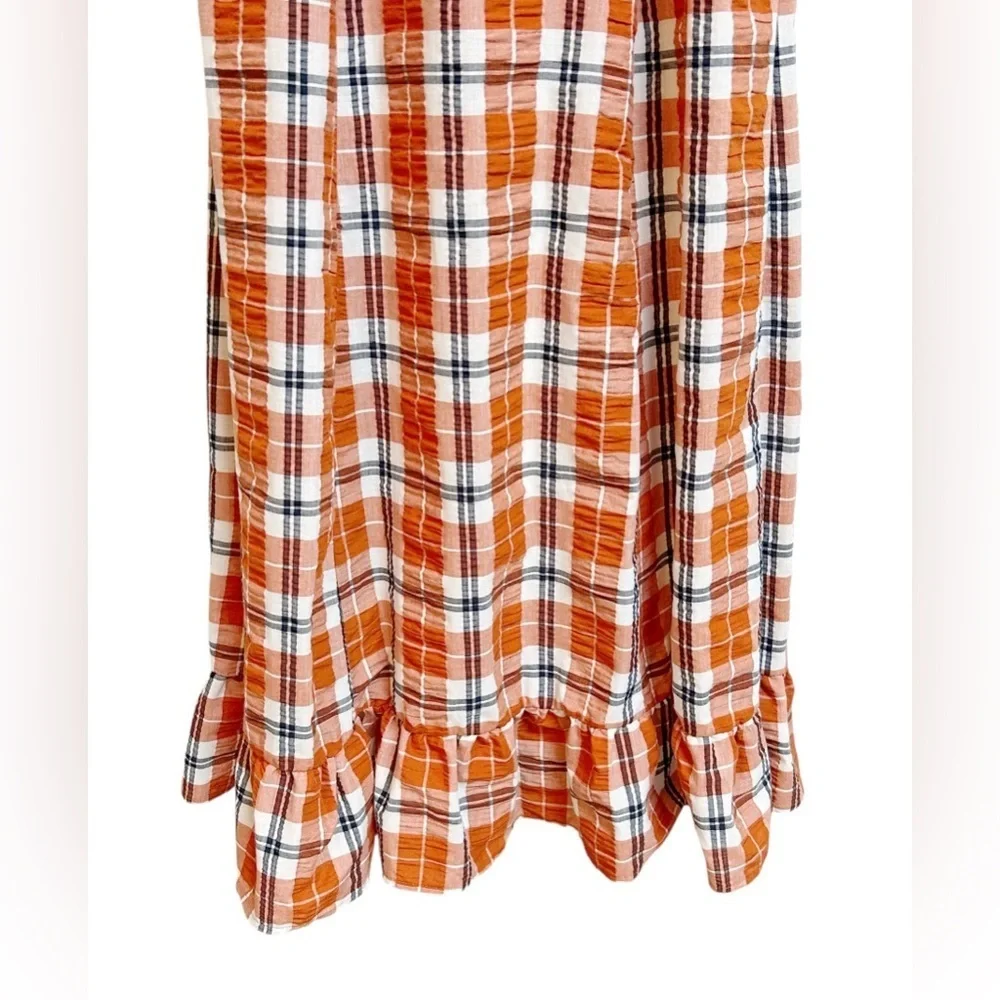 Fall Plaid Dress Smocked Bohemian Maxi Dress Orange Navy Combo Size M - Picture 6 of 11